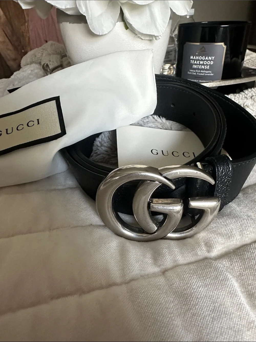 Gucci Black Leather Belt with Silver Double G Buckle
